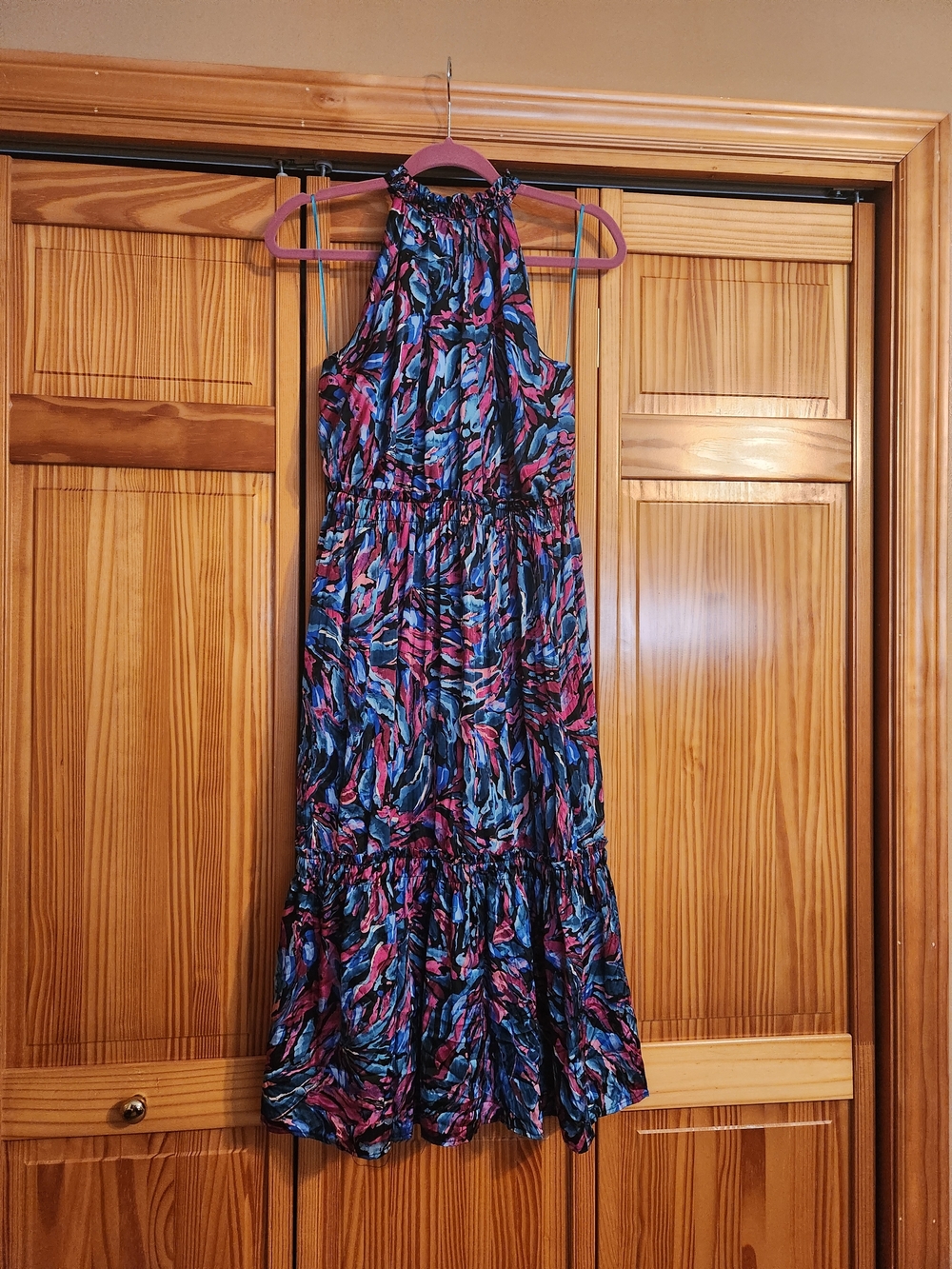 Nicole Miller Large Sleeveless Halter Maxi Dress in Blue & Pink